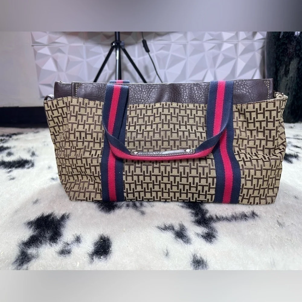 Tommy Hilfiger Women’s Y2K Vintage Brown and Red Large Canvas Monogram Tote Bag
